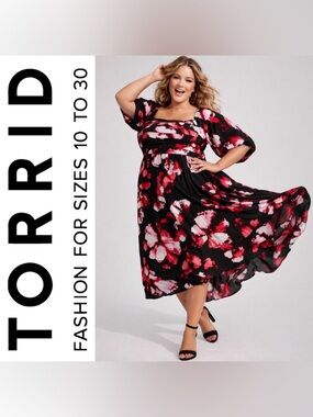 Torrid Black & Red Floral Pintuck Smocked Bodice Midi Dress, Large, NWT!